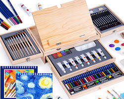 variety of art supplies, including sketchbooks, paints, and clay