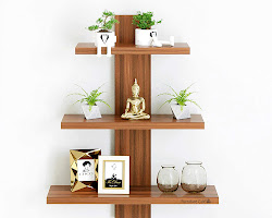 Wall-mounted shelves that display books and other belongings.