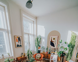 living room with retro furniture and decor